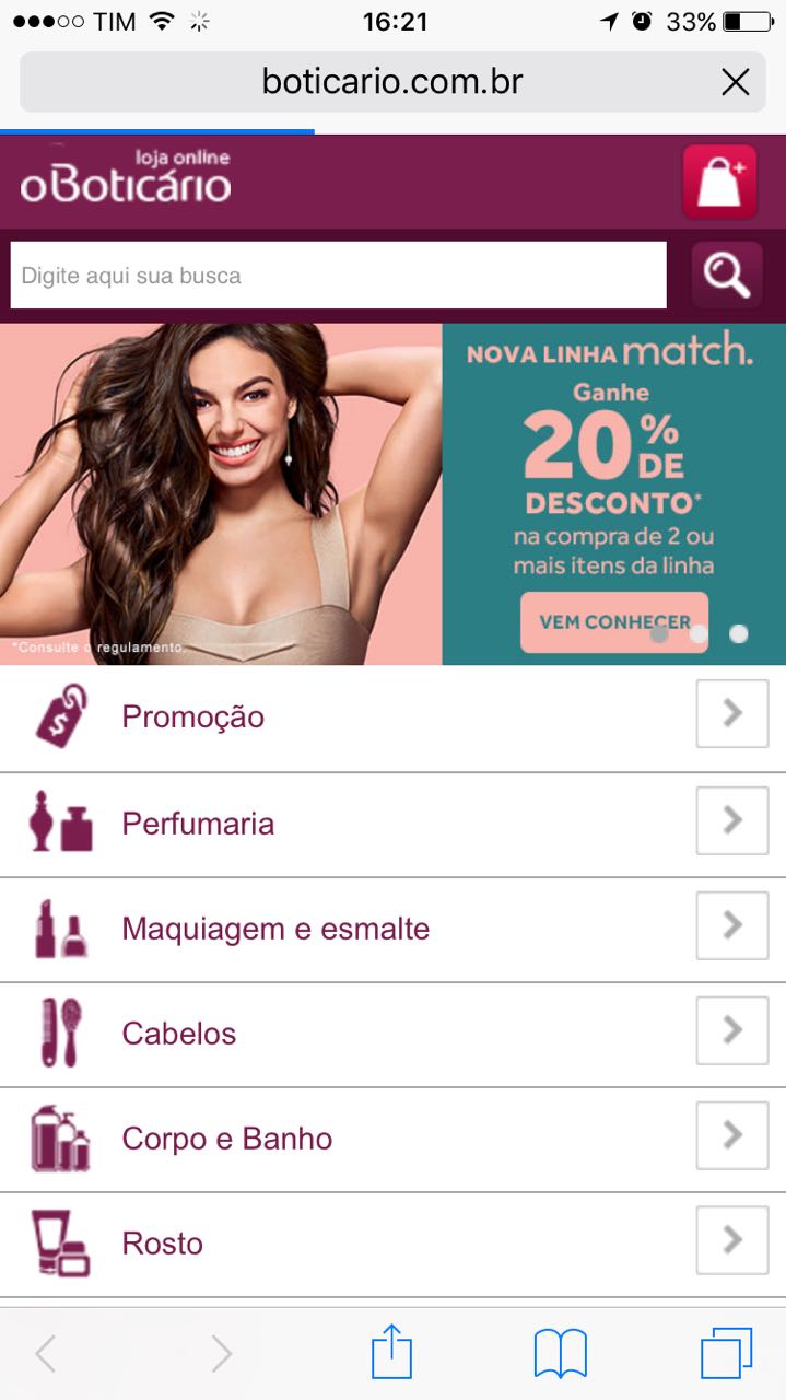 homepage e-commerce do Boticário pelo celular