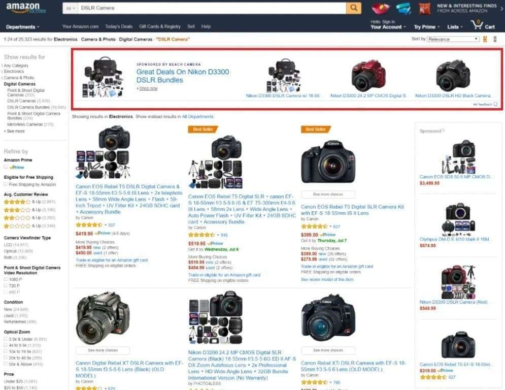 listado de camaras DSLR a la venta en Amazon