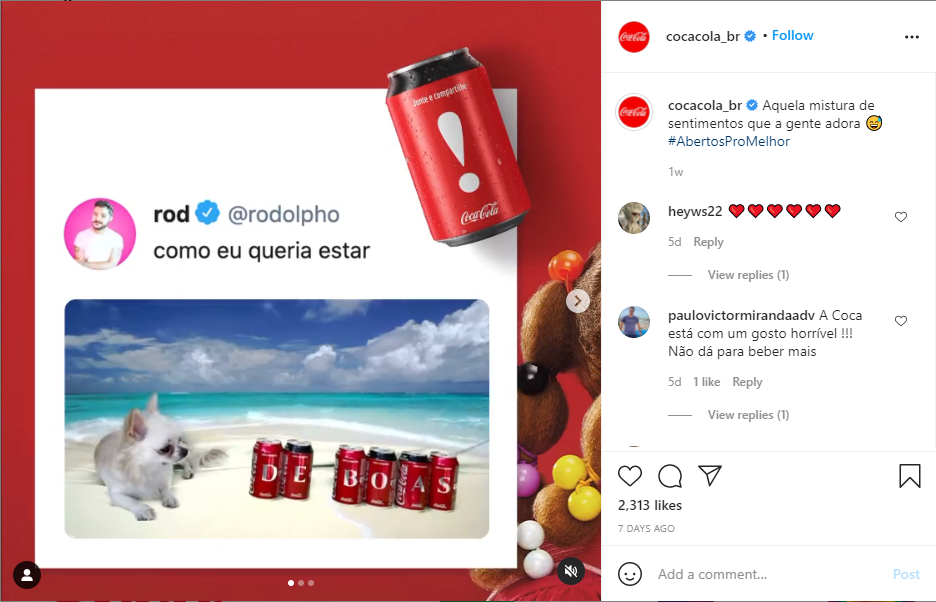 Post da Coca Cola Brasil no Instagram - publicidades latas com letras decorativas